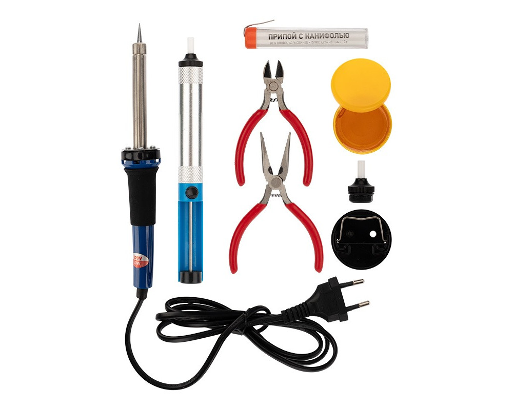 Набор для пайки №13 (паяльник 30Вт, подставка, канифоль, припой, бокорезы, тонкогубцы) (TL-1013) REXANT